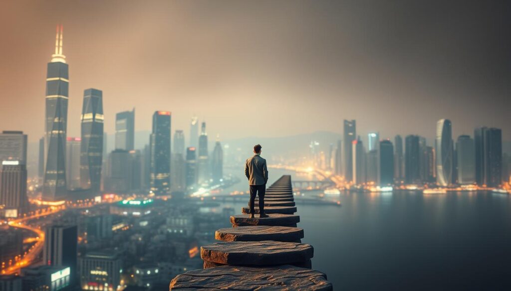 A bustling city skyline fades into the background, its towering skyscrapers and neon-lit streets a symbol of the rapidly evolving job market. In the foreground, a lone figure stands, their gaze fixed on a series of stepping stones leading to a distant, hazy horizon. These stones represent the skills gap - the disconnect between the abilities required for a new career and the individual's current skillset. The figure appears pensive, contemplating the path ahead, the soft, warm lighting casting a subtle glow on their face, evoking a sense of determination and resolve. The overall scene conveys the challenges and opportunities inherent in bridging the skills gap, the journey towards a successful career change.