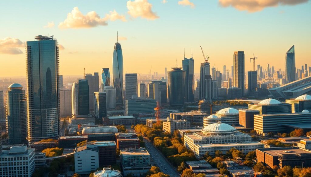A bustling cityscape bathed in warm, golden light, showcasing the high-growth industries of the future. In the foreground, towering skyscrapers of glass and steel reflect the dynamism of the tech and finance sectors. In the middle ground, cutting-edge research facilities and innovative manufacturing plants hint at the advancements in biotechnology, renewable energy, and advanced materials. The background is dotted with sleek, futuristic transportation hubs and gleaming data centers, representing the increasingly digital and interconnected nature of the modern economy. The overall scene conveys a sense of progress, opportunity, and the endless possibilities that await those willing to explore new career paths.