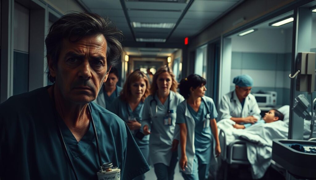 A bustling hospital corridor, the air thick with urgency. In the foreground, a team of exhausted healthcare workers, their faces etched with fatigue, scrambling to tend to an endless stream of patients. The middle ground reveals a chaotic scene - nurses rushing between rooms, doctors consulting charts, and medical equipment scattered haphazardly. In the background, a dimly lit waiting area, where concerned families anxiously await news. The lighting is harsh, casting deep shadows that emphasize the strain and stress of the environment. The camera angle is slightly low, conveying a sense of overwhelming pressure and the weight of the staffing crisis bearing down on the healthcare heroes. The overall mood is one of tension, chaos, and the desperate need for more hands to provide care.