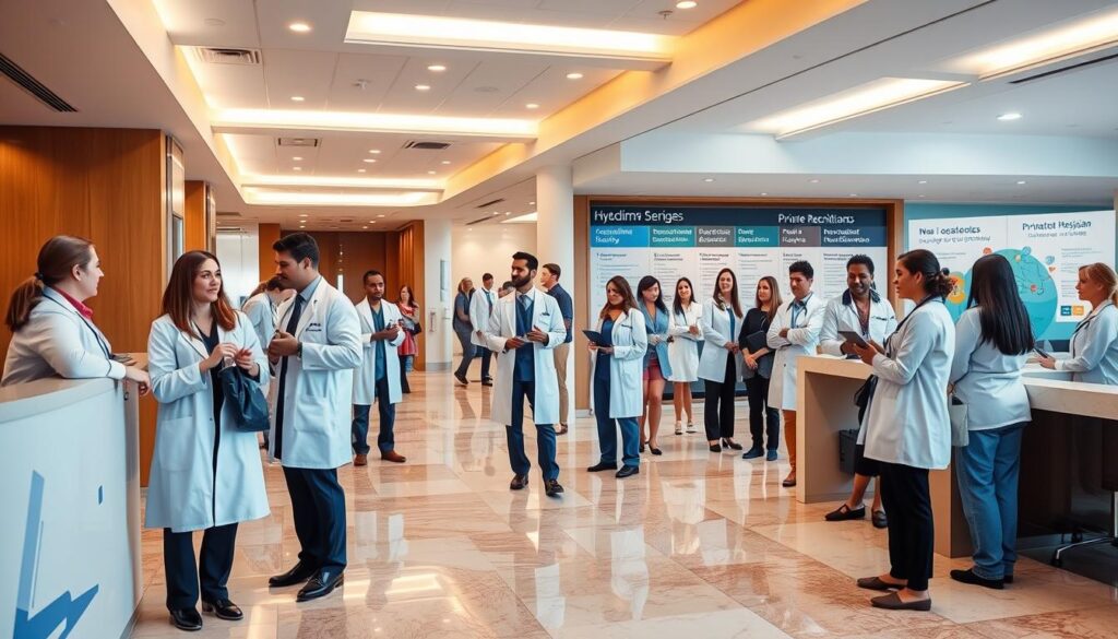 A bustling hospital lobby, the polished marble floors reflecting the warm glow of recessed lighting. In the foreground, healthcare professionals in crisp white coats and scrubs converse animatedly, gesturing towards a set of sleek, modern desks. The middle ground features a line of applicants, their resumes in hand, waiting to speak with recruitment officers. In the background, the reception area is adorned with informative displays showcasing various private healthcare positions, from specialist physicians to administrative roles. The overall atmosphere exudes a sense of professionalism, opportunity, and the drive to provide exceptional patient care.