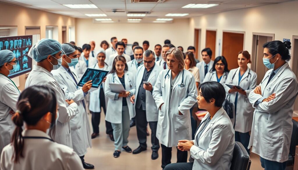 A bustling medical clinic filled with an ensemble of skilled professionals. In the foreground, a team of surgeons and specialists in pristine white coats, examining x-rays and collaborating over a patient's care. The middle ground features a group of consultants in formal attire, engrossed in thoughtful discussions, their expressions conveying a sense of expertise and dedication. In the background, nurses and assistants move with purpose, tending to administrative tasks and coordinating the smooth operation of the clinic. Warm, diffused lighting casts a professional, yet compassionate atmosphere, while the composition emphasizes the collaborative, multidisciplinary nature of modern healthcare.