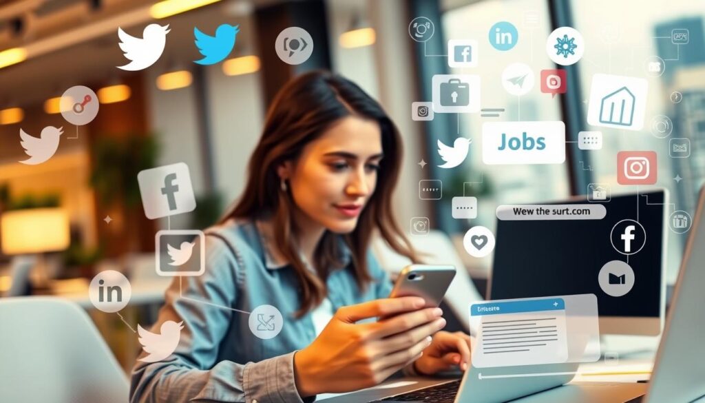 A bustling office scene with a professional using a laptop and smartphone, surrounded by social media icons and job search elements. The foreground features a focused individual browsing job postings on various platforms, their expression conveying determination. The middle ground showcases a collage of social media logos, infographics, and job search tools. The background has a soft, blurred city skyline, hinting at the broader context of urban employment opportunities. Warm, ambient lighting creates a productive and aspirational atmosphere, capturing the essence of leveraging social media to discover new job prospects.