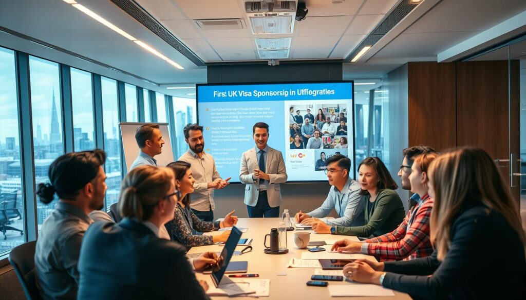 A bustling office setting, with a diverse array of tech professionals gathered around a conference table. In the foreground, a group of individuals representing various nationalities, engaged in an animated discussion, their faces lit by the warm glow of overhead lighting. In the middle ground, HR representatives from prominent UK tech companies present information on visa sponsorship programs, their hands gesturing towards a large screen displaying relevant details. The background features a sleek, modern office environment, with floor-to-ceiling windows offering a panoramic view of the city skyline beyond. The overall atmosphere conveys a sense of collaboration, opportunity, and the dynamic nature of the UK's thriving tech industry.
