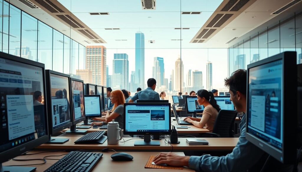 A bustling office setting with computer screens, keyboards, and a modern desk setup in the foreground. In the middle ground, a diverse group of job seekers engaging with various online job search platforms, navigating through job listings and application processes. The background features a cityscape with skyscrapers, reflecting the dynamic urban environment where these job search activities take place. The lighting is bright and natural, creating a sense of productivity and opportunity. The overall atmosphere conveys the fast-paced, technology-driven nature of the modern job market in 2025.