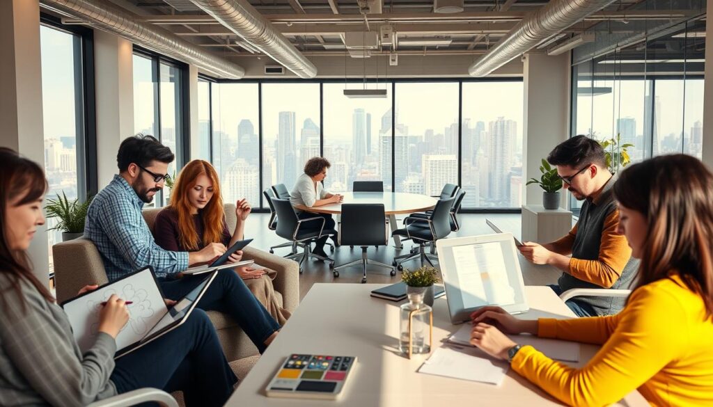 A bustling office space with a mix of remote and on-site freelancers, each immersed in their own creative projects. The foreground features a diverse group of professionals - a graphic designer sketching on a tablet, a web developer coding on a laptop, and a content writer typing away. In the middle ground, a conference table surrounded by comfortable chairs, suggesting collaborative meetings and discussions. The background showcases the vibrant city skyline, hinting at the global reach and opportunities of the freelance lifestyle. Warm, natural lighting creates a cozy, productive atmosphere, while the clean, minimalist design of the workspace evokes a sense of professionalism and creativity.