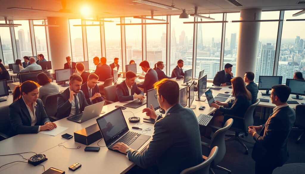 A bustling open-office in central London, filled with professionals dressed in business attire. Warm, natural lighting floods the space, casting a soft glow on the modern, minimalist desks and sleek tech gadgets. In the foreground, coworkers collaborate intensely around a large conference table, gesticulating passionately. In the middle ground, individuals are engrossed in their computer screens, fingers flying across keyboards. The background reveals a panoramic view of the iconic London skyline through floor-to-ceiling windows, hinting at the fast-paced, ambitious nature of UK corporate culture.