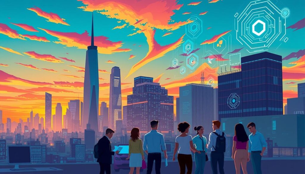 A bustling tech hub in the foreground, with skyscrapers and office buildings against a vibrant sunset sky. In the middle ground, groups of diverse professionals engage in animated discussions, representing the thriving tech industry. The background features futuristic, AI-inspired elements like glowing circuit boards and data visualizations, symbolizing the rapid advancements in the tech sector. The scene conveys a sense of excitement, innovation, and boundless opportunity, capturing the essence of the tech jobs boom in 2023.