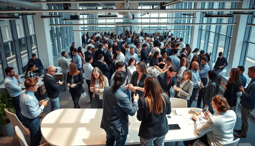 A bustling, well-lit office space filled with professionals engaged in dynamic conversations and collaborative work. In the foreground, a group of diverse individuals are huddled around a sleek conference table, exchanging ideas and shaking hands. In the middle ground, colleagues are gathered in casual discussion, exchanging business cards and sipping coffee. The background features an expansive, modern open-plan layout with floor-to-ceiling windows, allowing natural light to flood the space and create a sense of professionalism and productivity. The overall atmosphere conveys a vibrant, interconnected professional network, where connections are made, opportunities are explored, and careers are elevated.