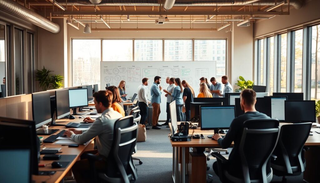 A busy software development office, flooded with natural light from large windows. In the foreground, developers intently typing at their desks, surrounded by sleek monitors and ergonomic chairs. In the middle ground, a whiteboard covered in colorful diagrams and pseudocode. In the background, a team huddle, gesturing animatedly as they discuss the latest project. The atmosphere is one of focused productivity, with a touch of creative energy. Warm, directional lighting casts subtle shadows, enhancing the sense of depth. The overall scene conveys the diversity of skills and roles within a thriving software development team.