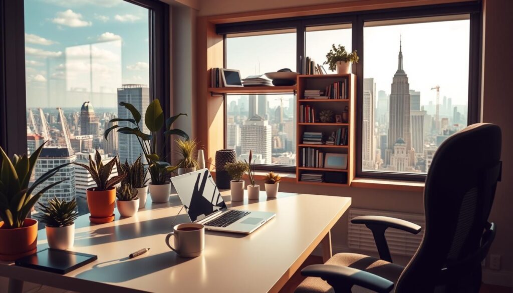 A cozy home office setup with a large window overlooking a vibrant cityscape. The foreground features a sleek, minimalist desk with a laptop, a mug of coffee, and an array of potted plants. A comfortable ergonomic chair sits adjacent. The middle ground showcases a bookshelf filled with reference materials and personal items, while the background depicts the bustling city skyline, with skyscrapers and cranes in the distance. The lighting is warm and natural, creating a serene and productive atmosphere. The composition emphasizes the harmony between work and leisure, reflecting the flexibility and opportunities of remote employment in the tech industry.