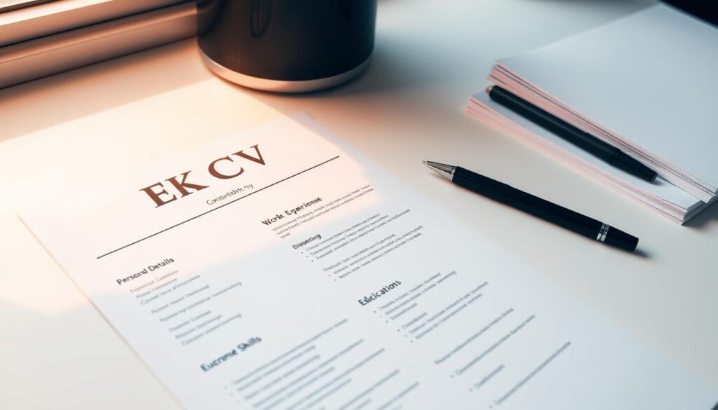 A crisp, professional-looking UK CV displayed on a clean, minimalist desk setup. The CV features prominent headings for key sections like "Personal Details", "Work Experience", "Education", and "Skills". Subtle grid lines and modern typography create a well-organized layout. A sharp, black pen and a stack of papers sit alongside the CV, conveying a sense of productivity. Warm, natural lighting from a nearby window casts soft shadows, lending an air of competence and attention to detail. The overall scene exudes an atmosphere of polish, efficiency, and employer-readiness.
