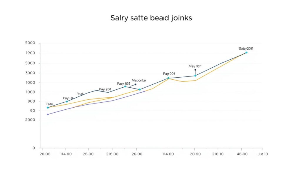 A detailed line chart depicting the UK's salary benchmarks across various industries and job levels, presented against a clean, minimalist background. The chart features clearly labeled axes, precise data points, and a color palette that conveys a sense of professionalism and authority. The overall composition should strike a balance between conveying technical information and maintaining a visually appealing, elegant aesthetic suitable for inclusion in a high-quality publication.