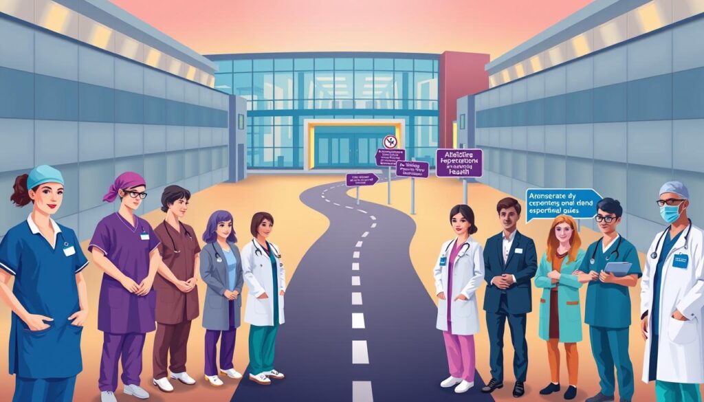 A detailed, step-by-step guide to NHS career pathways, illustrated with a vibrant and informative visual guide. In the foreground, a group of healthcare professionals in scrubs and lab coats, each representing a different career path - nursing, medicine, allied health, administrative, and support roles. In the middle ground, a winding road of career progression, with signposts indicating the various training and educational requirements. In the background, a modern hospital building, with a warm, welcoming atmosphere conveyed through soft lighting and a slightly muted color palette. The overall composition should feel aspirational, guiding the viewer through the diverse opportunities available within the NHS.