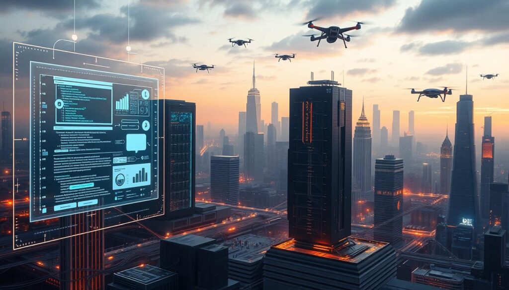 A digital landscape depicting essential tech skills. In the foreground, a holographic display shows coding interfaces, data visualizations, and AI algorithms. In the middle ground, towering servers and workstations emit a soft glow, surrounded by networking cables and security protocols. In the background, a futuristic city skyline with skyscrapers and hovering drones creates an immersive, high-tech atmosphere. The scene is illuminated by a warm, diffused lighting that casts long shadows, conveying a sense of innovation and progress. The overall mood is one of technological proficiency, problem-solving, and the ever-evolving nature of the digital world.
