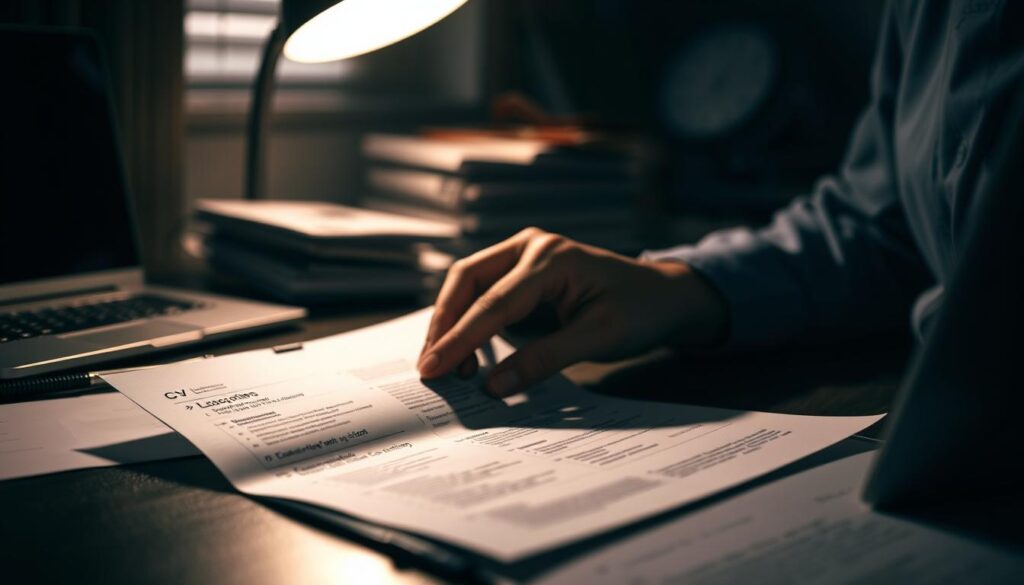 A dimly lit office desk, slightly cluttered with papers and a laptop, serving as the backdrop. In the foreground, a person's hands carefully reviewing and adjusting a neatly organized CV, meticulously tailoring it to reflect the specific requirements of a UK industry. The lighting casts soft shadows, creating a contemplative atmosphere, as the individual contemplates how to best position their skills and experience to appeal to a particular sector. The depth of field keeps the surroundings slightly blurred, focusing the viewer's attention on the deliberate process of customizing the resume.