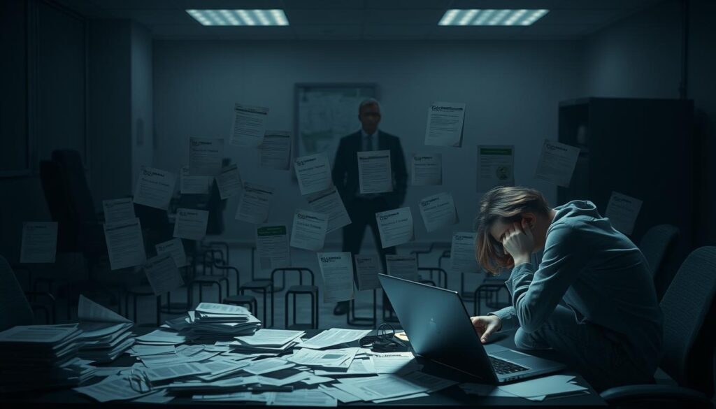 A dimly lit office space, the air thick with uncertainty. In the foreground, a frustrated job seeker hunches over a laptop, resumes and job applications scattered around. The middle ground showcases a maze of obstacles - outdated job postings, confusing application forms, and a seemingly endless cycle of rejections. In the background, a hazy figure representing a potential employer, their face obscured, adding to the sense of disconnect. Soft, moody lighting casts shadows, accentuating the weight of the challenges faced. The overall atmosphere conveys the emotional strain and perseverance required during a difficult job search.