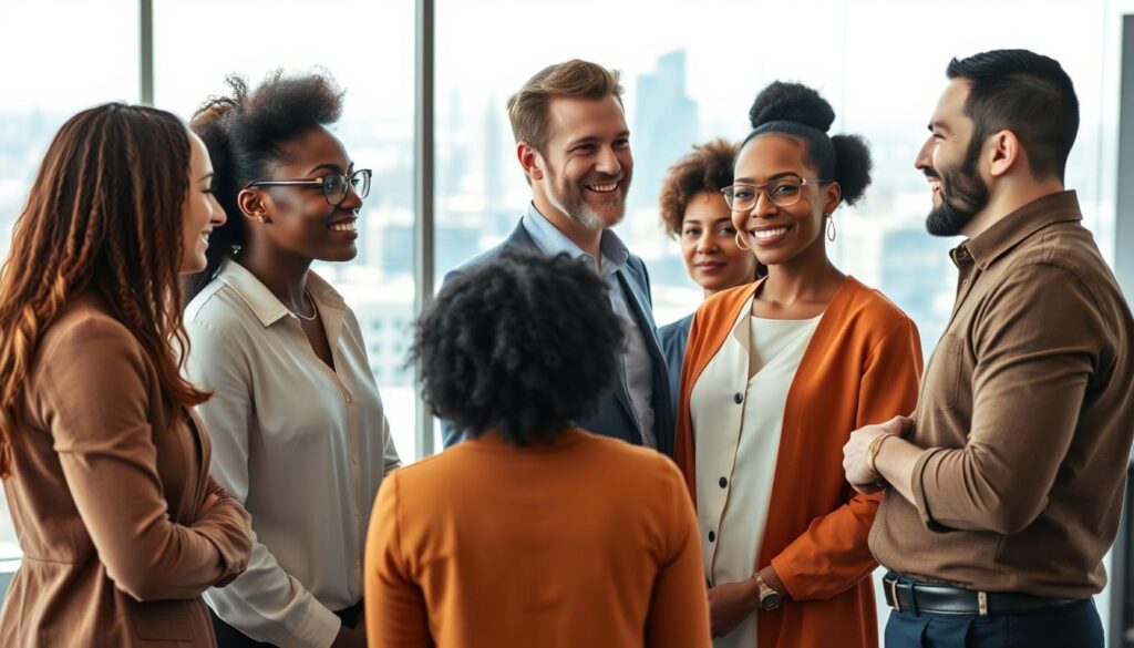 A diverse group of professionals from various backgrounds standing together in a modern, well-lit office setting. In the foreground, people of different races, ages, and genders engage in a collaborative discussion, their expressions conveying a sense of inclusion and respect. The middle ground features a large window overlooking a bustling city skyline, symbolizing the growing prominence of diversity and inclusion initiatives in the UK corporate landscape. The background is softly blurred, emphasizing the focus on the individuals and their interactions. The overall atmosphere radiates a spirit of unity, progress, and a shared commitment to embracing differences.