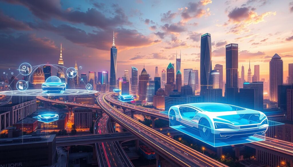 A dynamic cityscape illuminated by the glow of futuristic technology. In the foreground, holographic displays and floating interfaces hover amidst a vibrant urban landscape. In the middle ground, sleek autonomous vehicles glide along elevated roadways, while in the background, towering skyscrapers and gleaming spires reach towards a sky tinted with hues of gold and violet. The scene radiates an atmosphere of innovation, progress, and the boundless potential of emerging technologies shaping the world of tomorrow.