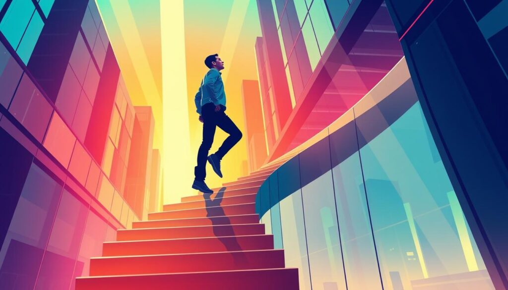 A dynamic, colorful illustration of a person ascending a staircase, each step representing a milestone in their career growth. The figure is determined, eyes focused on the path ahead, their silhouette standing out against a warm, vibrant background. The stairs wind through a futuristic, glass-and-steel cityscape, suggesting the expansive potential for advancement. Shafts of light pierce through the environment, creating a sense of opportunity and inspiration. The overall mood is one of optimism, progress, and the promise of untapped possibilities.