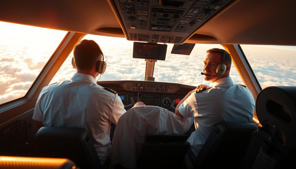 A high-altitude view of two airline pilots in the cockpit of a commercial passenger jet, bathed in a warm, golden light filtering through the windshield. The pilots, dressed in crisp uniforms, are intently focused on the instrument panels, their expressions conveying a sense of professionalism and expertise. The cockpit is meticulously detailed, with sleek, modern controls and a panoramic view of the clouds and sky beyond. The overall scene reflects the prestige, technical mastery, and high-stakes responsibility associated with the role of an airline pilot.