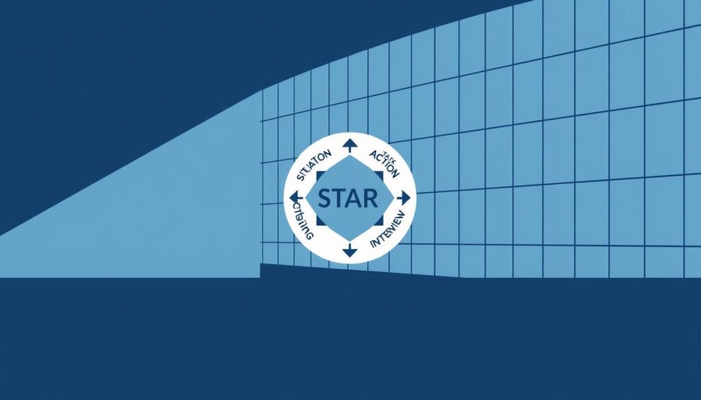 A high-contrast, clean-lined illustration depicting the STAR method for competency-based interviews. In the foreground, a simple graphic showing the four key steps - Situation, Task, Action, Result - arranged in a circular flow. The background features a minimalist, architectural grid pattern, suggesting the structured, analytical nature of the interview process. Muted tones of blue and gray convey a professional, serious atmosphere. The composition is balanced, with ample negative space to allow the STAR graphic to be the focal point. Overall, the image should feel visually compelling yet restrained, reflecting the importance of the STAR method in mastering competency-based interviews.