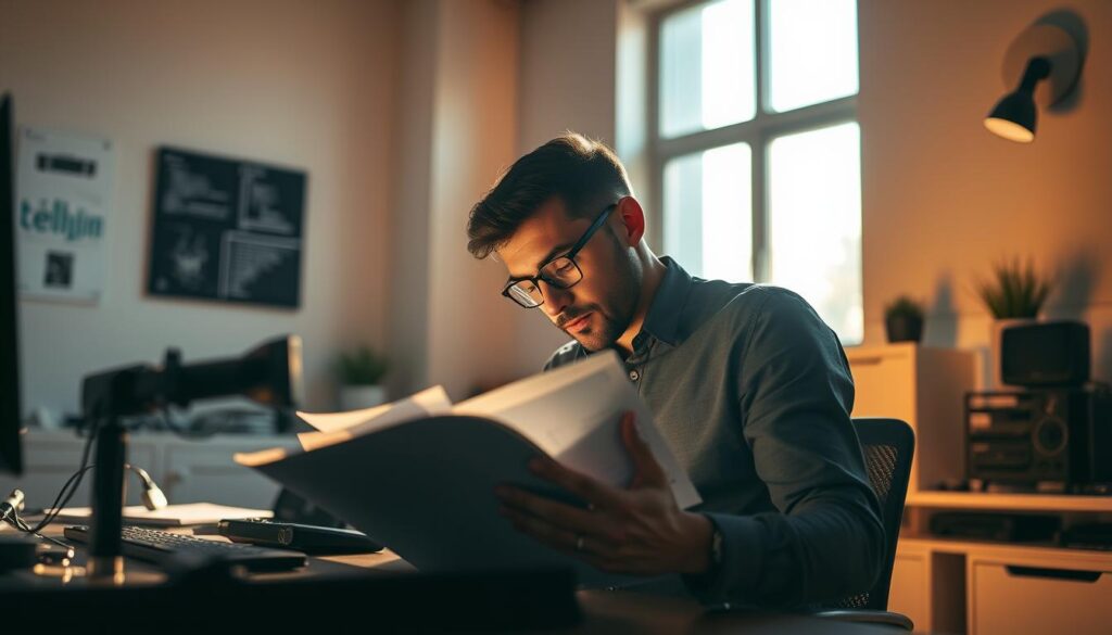 A highly focused professional in a modern office, surrounded by technical equipment and reference materials, intently studying and preparing for an upcoming technical interview. The scene is bathed in warm, directional lighting from a large window, casting dynamic shadows and highlights that accentuate the subject's concentration. The background features a minimalist, clean-lined workspace with subtle tech-themed decor, creating a sense of an organized, high-performing environment. The overall mood is one of determination, diligence, and the quiet intensity of mastering the skills needed to excel in a technical interview.