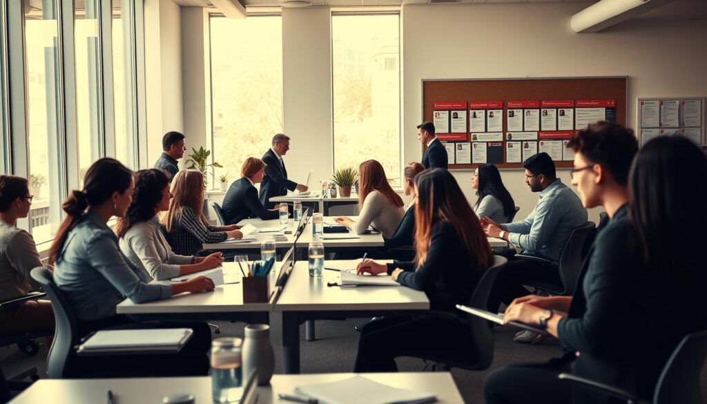 A modern office setting with bright, natural lighting streaming through large windows. In the foreground, a diverse group of job applicants sit at desks, reviewing documents and filling out forms. In the middle ground, a team of HR professionals conduct interviews, offering guidance and handshakes. In the background, a bulletin board displays job postings and company branding. The atmosphere conveys a sense of professionalism, diligence, and opportunity as the applicants navigate the UK recruitment process.