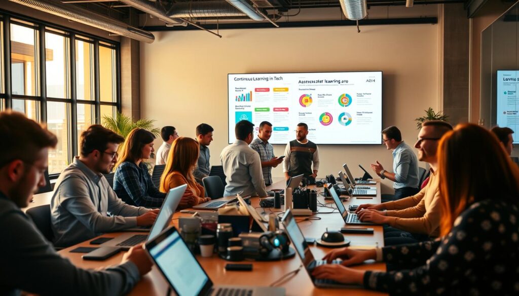 A panoramic scene of a bustling tech office, bathed in warm, natural lighting that filters through large windows. In the foreground, a team of diverse professionals deeply engrossed in their work on sleek laptops and tablets, their faces illuminated by the glow of digital displays. In the middle ground, a group of colleagues engaged in a lively discussion, hands gesturing animatedly as they share ideas and insights. In the background, a wall-mounted screen displays a presentation on "Continuous Learning in Tech," with colorful charts and diagrams highlighting the importance of adapting to industry changes. The overall atmosphere conveys a sense of dynamic, collaborative innovation, where learning and growth are woven into the fabric of the workspace.