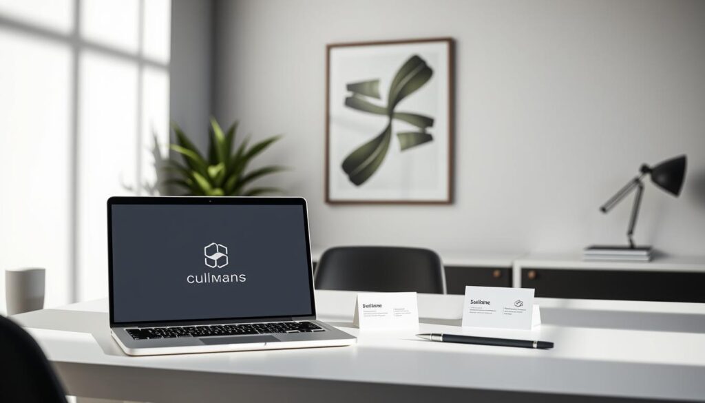 A professional, elegantly composed image showcasing the concept of "Building Your New Professional Brand". Set in a minimalist, modern office space with clean lines and neutral tones, the frame features a well-curated display of branding elements. In the foreground, a sleek laptop displays a minimalist logo design, alongside neatly arranged stationery items. The middle ground highlights a stylish business card, its design reflecting the brand's visual identity. In the background, a framed wall art piece depicts a powerful, abstract graphic that encapsulates the brand's essence. Soft, directional lighting casts subtle shadows, creating depth and a sense of sophistication. The overall atmosphere exudes a balance of professionalism, creativity, and a strong personal brand presence.