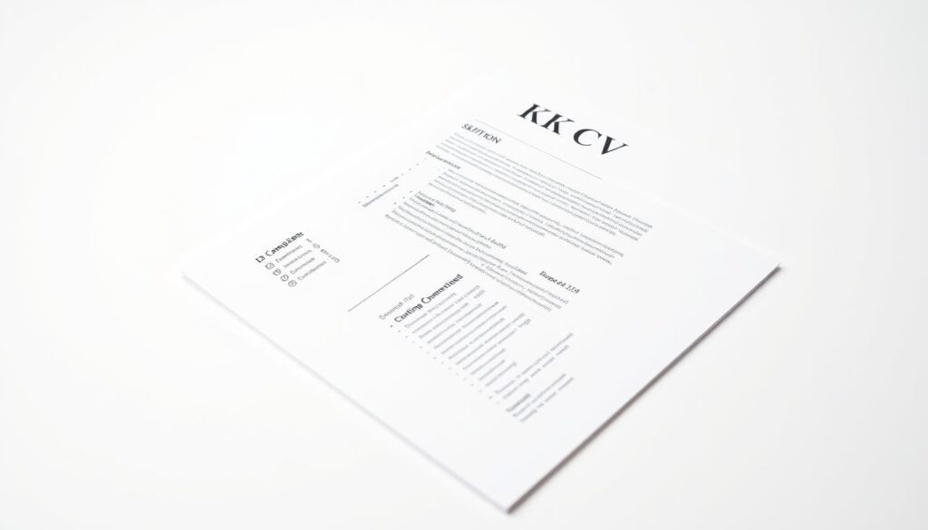 A professional-looking UK CV format example, neatly organized on a clean, white background. The layout features clear section headings, bullet-pointed details, and a simple, well-structured design. The CV is presented in a classic serif font, with a touch of subtle grey accents for visual interest. The lighting is soft and even, creating a polished, high-quality impression. The camera angle is slightly tilted, giving the viewer a slightly elevated perspective, conveying a sense of authority and professionalism. The overall mood is one of sophistication and attention to detail, reflecting the standards expected by UK employers.