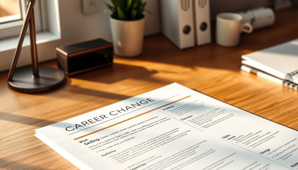 A professional-looking career change CV example, resting on a wooden desk with a minimalist business backdrop. The CV showcases a clean, organized layout with sections for work experience, skills, and education. Soft, natural lighting casts a warm glow, creating a sense of focus and productivity. The overall composition conveys a polished, aspirational tone, inspiring the viewer to create a standout career change CV of their own.