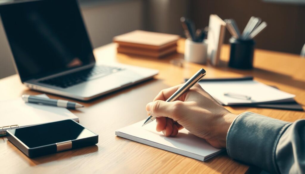 A professional office setting with a desk, laptop, and stationery items. In the foreground, a person's hand is writing on a notepad, conveying the idea of a follow-up message. The background is softly blurred, creating a sense of focus on the main action. Warm, natural lighting illuminates the scene, creating a productive and thoughtful atmosphere. The overall composition suggests the importance of taking the time to craft a well-considered post-interview follow-up communication.