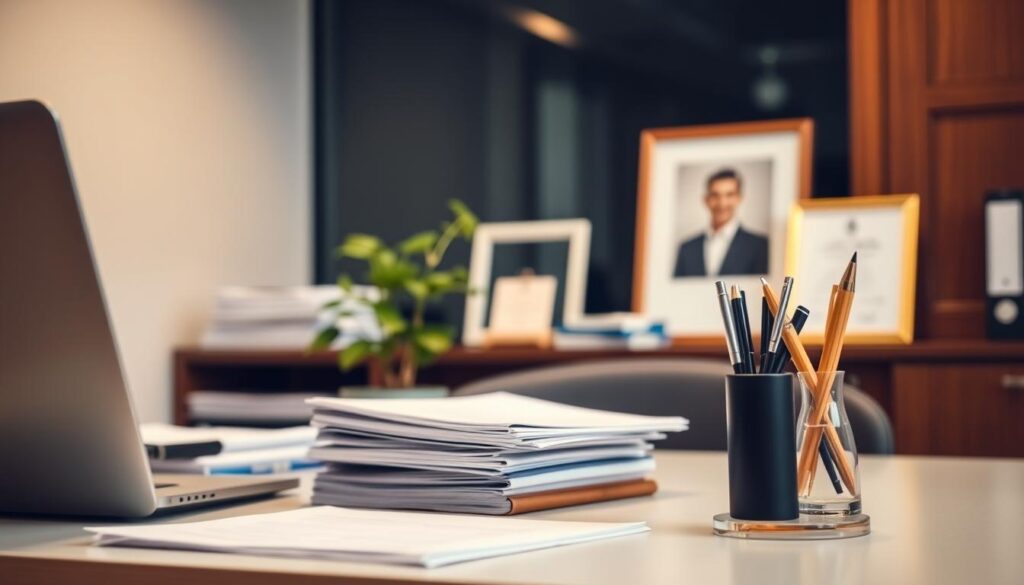 A professional office setting with a well-organized desk showcasing various work-related items. In the foreground, a laptop, a stack of neatly arranged documents, and a pen stand. In the middle ground, a plant, a framed award, and a professional headshot against a blurred background. The lighting is soft and warm, creating a productive and inviting atmosphere. The camera angle is slightly elevated, giving a slight bird's-eye view of the desk setup, emphasizing the sense of organization and attention to detail.