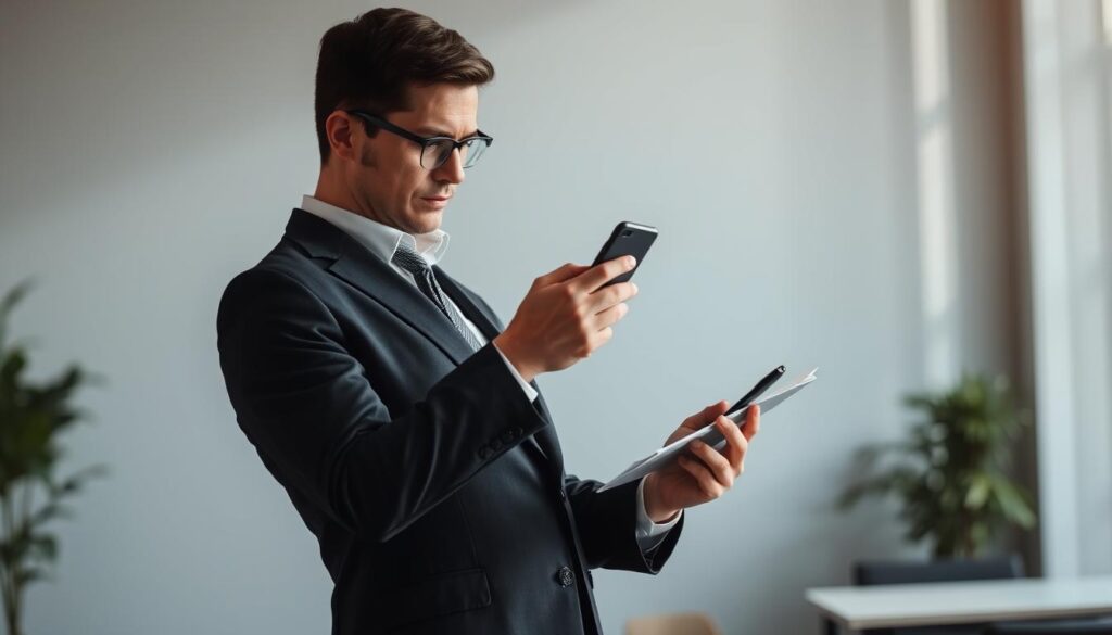 A professional, well-dressed person standing in a modern office, holding a smartphone and intently reviewing notes or documents. The lighting is soft and directional, casting subtle shadows that highlight the subject's focused expression. The background is blurred, emphasizing the figure in the foreground. The composition is balanced, with the subject positioned slightly off-center, creating a sense of dynamic movement. The overall mood is one of purposeful determination, reflecting the strategic nature of the follow-up process.