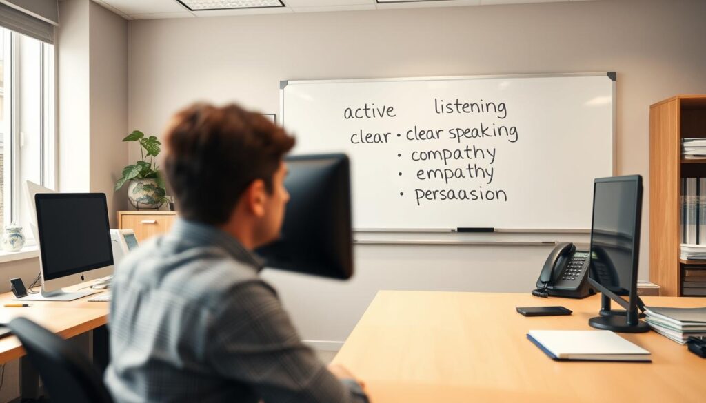 A professional, well-lit office setting with a desk, chair, and various communication-related objects. In the foreground, a person sitting at the desk, engaged in a video call, their face partially obscured. The middle ground features a whiteboard with written communication skills like "active listening", "clear speaking", "empathy", and "persuasion". The background showcases various communication tools such as a telephone, a set of headphones, and a stack of documents. The overall mood is one of productivity, collaboration, and the importance of effective communication in the UK workplace.