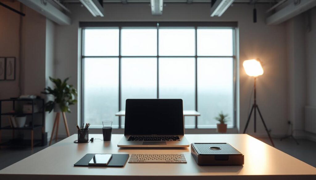 A professional, well-lit studio setting with a neatly organized desk showcasing a laptop, mobile phone, and other office accessories. The desk is positioned in front of a large window, allowing natural light to flood the scene. The background features a modern, minimalist office environment with clean lines and muted colors. The overall atmosphere conveys a sense of productivity, efficiency, and a strong digital presence. The lighting is soft and diffused, creating depth and highlighting the subject matter. The camera angle is slightly elevated, providing a comprehensive view of the desk setup.