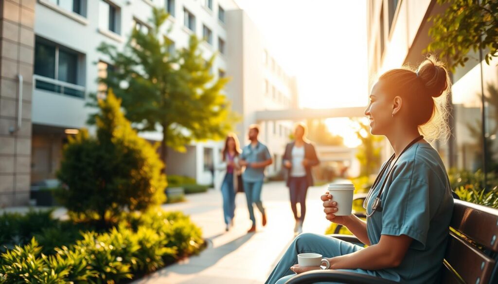 A serene hospital courtyard bathed in warm, diffused sunlight. In the foreground, a healthcare worker in scrubs enjoys a moment of respite, sipping coffee on a bench amidst lush greenery. In the middle ground, colleagues stroll together, engaged in lighthearted conversation, their body language conveying a sense of balance and fulfillment. The background showcases the hospital's modern architecture, with large windows and clean lines, suggesting an environment conducive to well-being. The overall scene evokes a harmonious integration of professional responsibilities and personal wellness, encapsulating the essence of work-life balance in the healthcare industry.