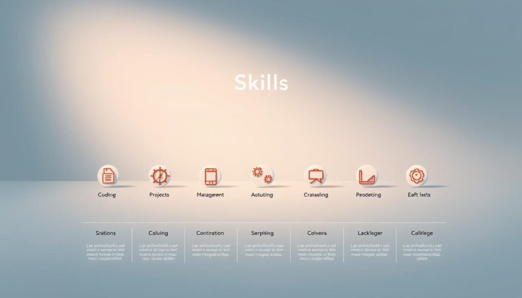 A sleek, minimalist infographic showcasing an assortment of technical and soft skills. The foreground features a clean grid layout with icons and concise labels for various skills like coding, project management, communication, and problem-solving. The middle ground depicts skillfully crafted icons that visually represent each skill, rendered with a subtle 3D effect and soft, warm lighting. The background is a serene, gradient-based color palette that evokes professionalism and clarity, complementing the overall design. The composition is balanced, the lines are crisp, and the entire scene has a refined, polished aesthetic that would appeal to UK employers seeking well-rounded candidates.