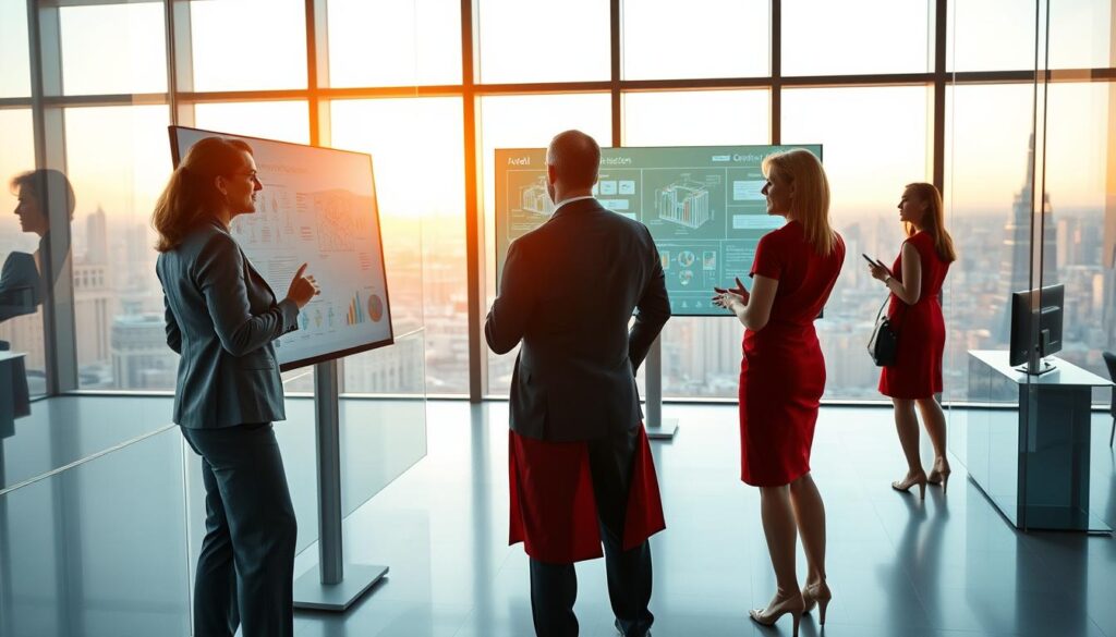 A team of enterprise architects standing in a modern, glass-walled office, examining architectural diagrams and discussing complex system designs. The foreground features three professionals - a woman in a gray pantsuit, a man in a dark blue shirt and tie, and another woman in a red dress - all engaged in animated conversation, gesturing toward a large touchscreen display on the wall. The middle ground showcases a spacious, well-lit workspace with sleek, minimalist furniture and state-of-the-art computer equipment. The background reveals a panoramic city skyline visible through the floor-to-ceiling windows, bathed in warm, golden late-afternoon light. The overall atmosphere conveys a sense of technological sophistication, strategic thinking, and collaborative problem-solving.