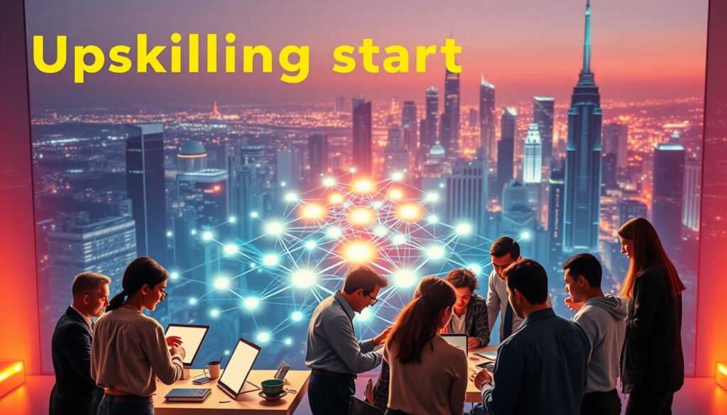 A vibrant and dynamic image of "upskilling strategies" showcasing various career development concepts. In the foreground, a diverse group of professionals engages in hands-on learning activities, utilizing modern digital tools and collaborative workspaces. The middle ground features a striking visualization of skills development, represented by a three-dimensional matrix of interconnected pathways and glowing data nodes. In the background, a sleek, futuristic cityscape provides a sophisticated, technology-driven backdrop, emphasizing the importance of continuous learning and adaptability in the evolving job market. The scene is illuminated by a warm, focused lighting that creates a sense of optimism and progress, capturing the essence of the "Upskilling Strategies for Immediate Employability" section.