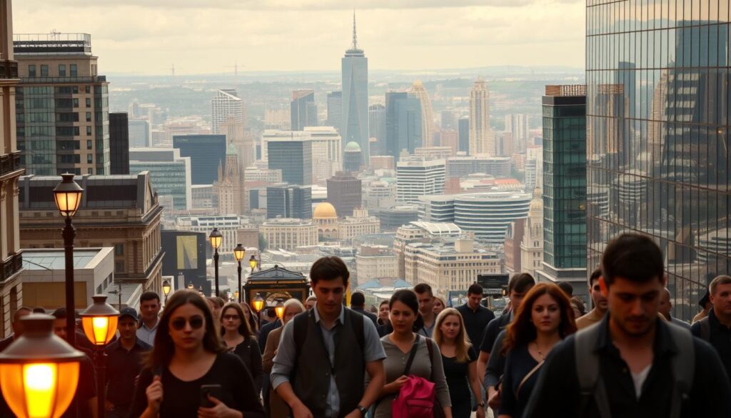 A vibrant cityscape with a bustling job market, capturing the energy and opportunities of the UK. In the foreground, job seekers hurry along the streets, their faces lit by the warm glow of street lamps. In the middle ground, office buildings and skyscrapers rise, their glass facades reflecting the city's dynamic pulse. In the background, a panoramic view of the UK's diverse skylines, from the iconic landmarks of London to the modern cityscapes of Birmingham and Manchester. The scene is bathed in a soft, golden light, conveying a sense of optimism and possibility for those seeking new career paths.