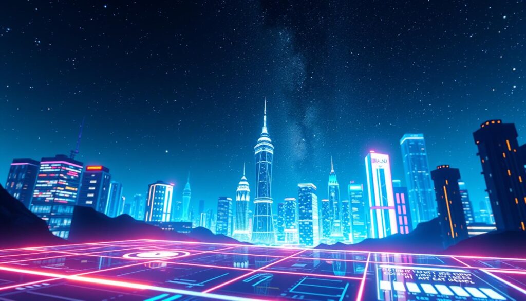 A vibrant digital landscape, illuminated by a warm, ambient glow. In the foreground, a holographic interface shimmers, showcasing a sleek, minimalist design with clean lines and interactive elements. The middle ground features a cityscape of towering digital skyscrapers, their facades adorned with dynamic data visualizations and neon-lit windows. In the background, a starry night sky serves as a backdrop, the milky way casting a dreamlike, ethereal quality over the entire scene. The lighting is cinematic, with soft shadows and highlights accentuating the futuristic, high-tech atmosphere. The camera angle is slightly elevated, giving the viewer a sense of immersion and a bird's-eye perspective on this captivating digital presence.