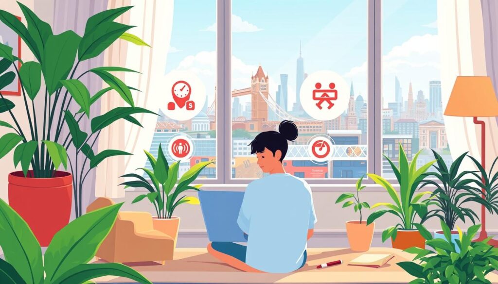 A vibrant, well-lit illustration showcasing the benefits of remote work in the UK. In the foreground, a person working on a laptop from the comfort of their home, surrounded by lush indoor plants and natural light streaming through large windows. In the middle ground, icons representing work-life balance, flexibility, and reduced commute time. In the background, a cityscape with the iconic landmarks of London, conveying a sense of urban connectivity despite the remote setting. The overall mood is one of productivity, contentment, and the harmonious integration of professional and personal spheres.