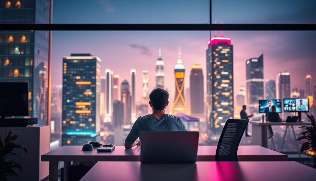 A vibrant workspace set against a backdrop of high-rise buildings, showcasing the dynamic nature of remote tech jobs. In the foreground, a person sits at a minimalist desk, engrossed in their laptop, surrounded by sleek, modern office equipment. Soft, directional lighting casts subtle shadows, highlighting the focus and concentration of the worker. The middle ground features other remote professionals collaborating on virtual screens, demonstrating the collaborative aspect of remote tech employment. In the distance, the cityscape reflects the global reach and interconnectivity of the remote tech industry. The overall atmosphere conveys a sense of productivity, innovation, and the flexibility of working from anywhere.