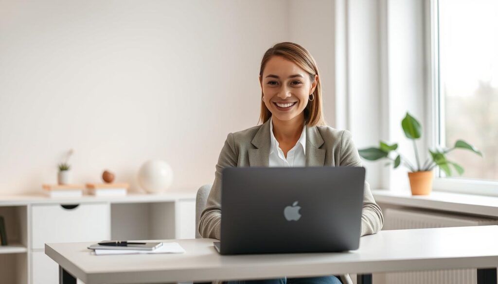 A virtual assistant with a warm, friendly expression seated at a minimalist desk, working on a laptop in a well-lit, modern home office. The assistant is dressed in professional attire, with a calming, approachable demeanor. The background features clean lines, neutral tones, and subtle decor elements that create a productive, distraction-free environment. Soft, diffused lighting from a large window or overhead fixture illuminates the scene, lending a sense of warmth and focus. The composition emphasizes the assistant's role in providing efficient, personalized administrative and customer service support remotely.