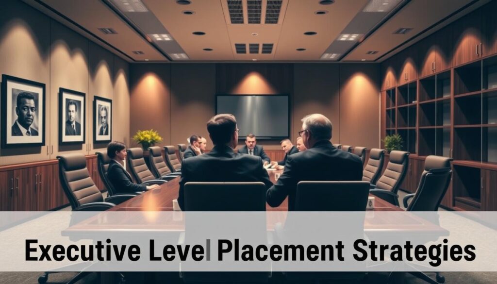 A well-lit corporate boardroom with a long mahogany table surrounded by ergonomic leather chairs. The walls are adorned with framed artwork and sleek, minimalist shelving units. Strategically placed lighting fixtures cast a warm, professional glow over the scene. In the foreground, several impeccably dressed executives are engaged in a deep discussion, their expressions serious yet contemplative. The overall atmosphere conveys a sense of power, influence, and decisive decision-making - the essence of "Executive Level Placement Strategies".