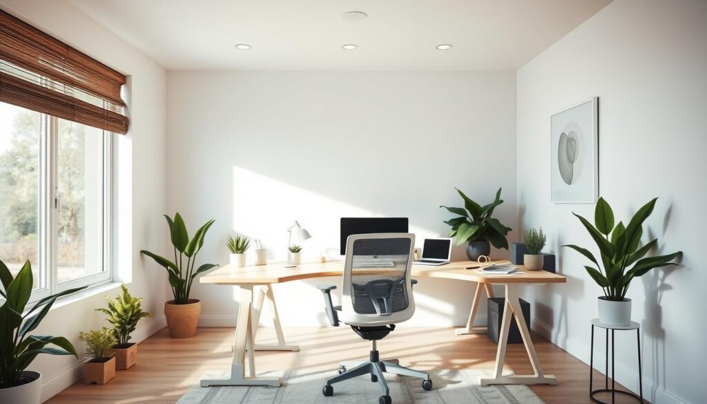 A well-lit, modern home office with an ergonomic desk, adjustable chair, and clean, minimalist decor. The desk is made of light-colored wood or a sleek, minimalist material, and features a curved, ergonomic design to support proper posture. The chair is adjustable, with lumbar support and a breathable mesh back. The workspace is illuminated by a combination of natural light from large windows and strategically placed task lighting, creating a bright, airy atmosphere. Potted plants and a simple, abstract wall art piece add a touch of natural, calming elements to the space. The room is organized and clutter-free, with essential office supplies neatly arranged. The overall mood is one of productivity, comfort, and mindfulness.