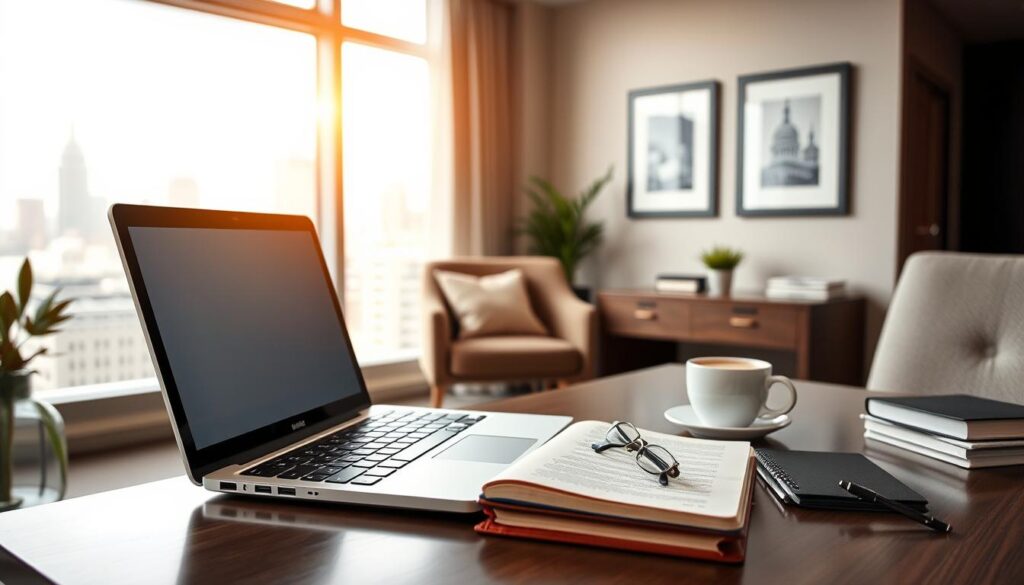 A well-lit, modern office setting with a professional, polished atmosphere. In the foreground, a desk with an open laptop, a leather-bound notebook, and a neatly organized array of stationery items. On the desk, a cup of coffee and a pair of glasses. In the middle ground, a comfortable-looking office chair and a small plant or decorative item. The background features neutral-toned walls, subtle art prints, and a large window overlooking a cityscape, allowing natural light to filter in. The overall composition conveys a sense of focus, preparation, and attention to detail - the ideal environment for effective interview preparation.