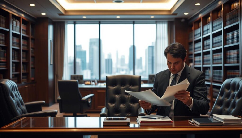 An elegant office interior with a large wooden desk and high-backed leather chairs. In the foreground, a well-dressed lawyer in a suit reviews documents, their face in deep concentration. Behind them, a bookshelf filled with legal tomes lines the wall, casting a warm glow from the recessed lighting above. The window in the background overlooks a bustling city skyline, hinting at the prestige and success of the legal profession. The overall scene conveys an atmosphere of professionalism, expertise, and the high-earning potential of legal careers.