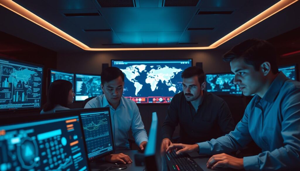 Cybersecurity professionals, their gaze intent, huddle around a sleek, high-tech command center. The room is dimly lit, bathed in the soft glow of multiple screens displaying complex network diagrams and real-time threat analytics. In the foreground, a team of experts, their faces illuminated by the screens, work in unison, their fingers flying across keyboards as they monitor and defend against cyber threats. In the background, a wall-mounted display shows a global map, pulsing with digital activity, underscoring the scale and urgency of their mission. The scene exudes a sense of focus, expertise, and the critical importance of their work in safeguarding digital infrastructure.
